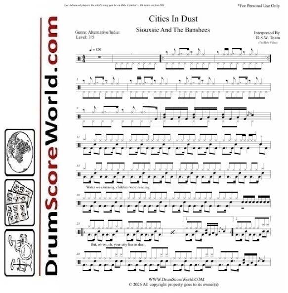 Siouxsie And The Banshees - Cities In Dust - Drum Sheet